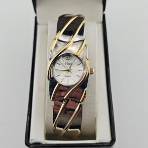 Vivani Two Tone Cuff Watch Silver Gold Stripe Elevated Basic Dressy Evening